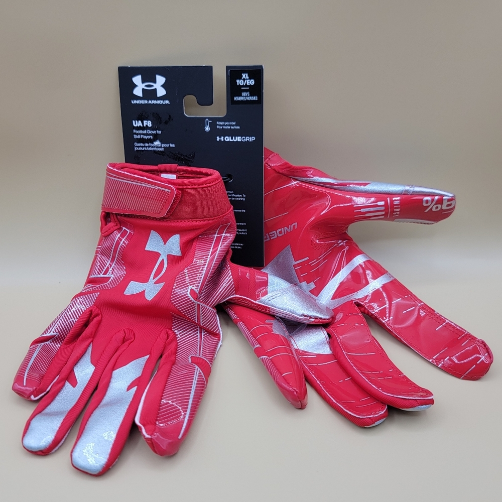 Under Armour UA F8 Glue Grip Wide Receivers Football Gloves Men's Size XL Red